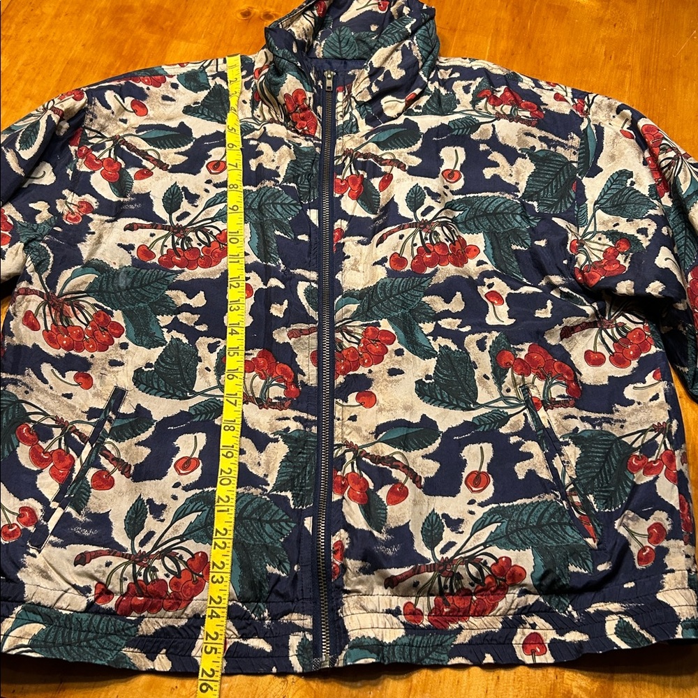 EVR 100% Silk Full Zip Cherry Botanical Pattern Lightweight Vtg Bomber Jacket - Picture 6 of 8